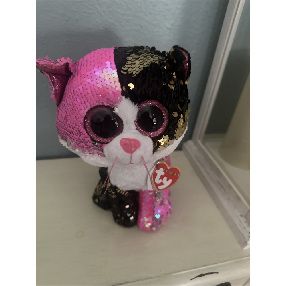 Ty Beanie Boos Flippables Malibu 9" Plush Kitty Cat Pink Black White Sequins
